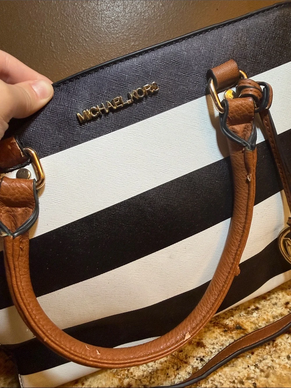Michael Kors Black & White Striped Satchel with Brown Trim